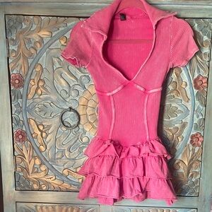 Pink Ribbed Mini romper Dress with Ruffle Skirt
